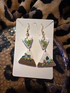 Handmade White & Brown Floral Triangle Drop Earrings